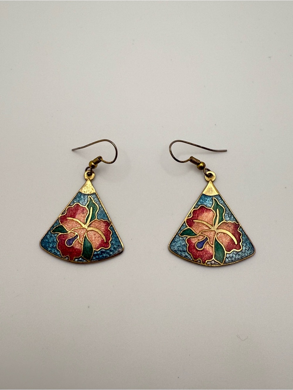 Vintage-Style Red Floral Enamel Drop Earrings - Unbranded